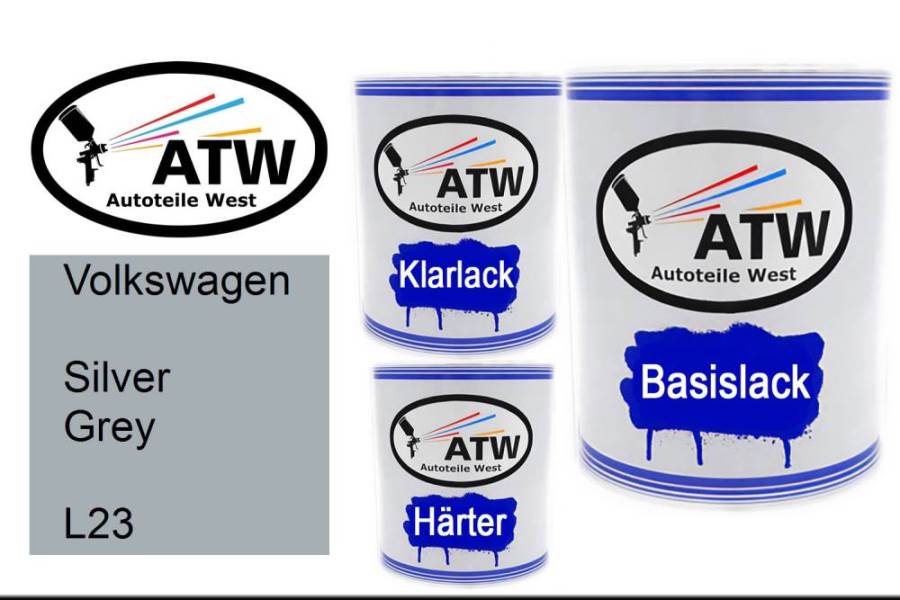 Volkswagen, Silver Grey, L23: 1L Lackdose + 1L Klarlack + 500ml Härter - Set, von ATW Autoteile West.